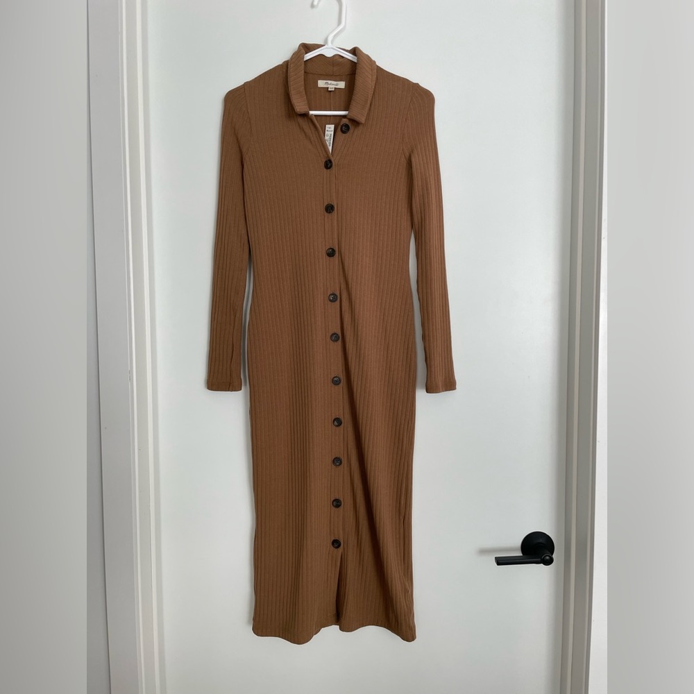 NWT Madewell Ribbed Long Sleeve Midi Shirt Dress Cardigan PXS Brown Tan